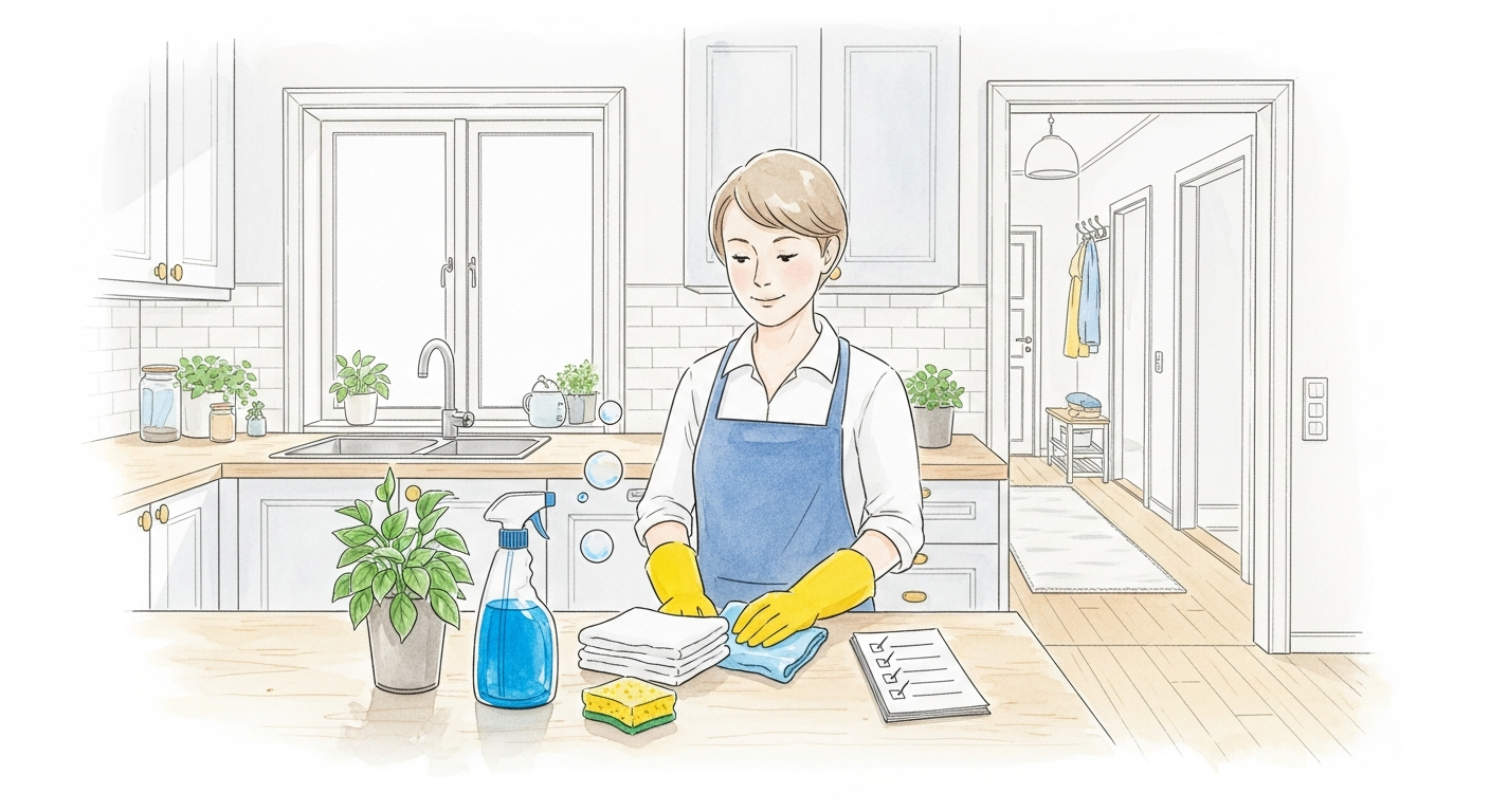 Akvarellillustration av städredskap och en professionell städare i ett ljust kök