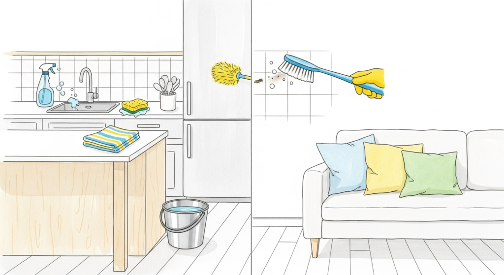 Akvarellillustration av kök och vardagsrum med städredskap för hemstädning och storstädning
