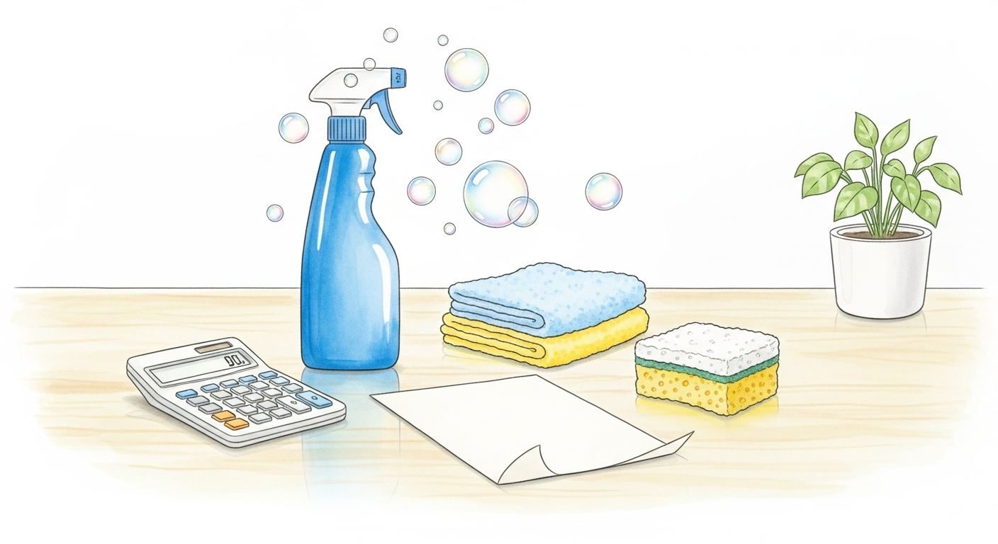 Akvarellillustration av köksbord med städredskap, kalkylator och blank offertlapp
