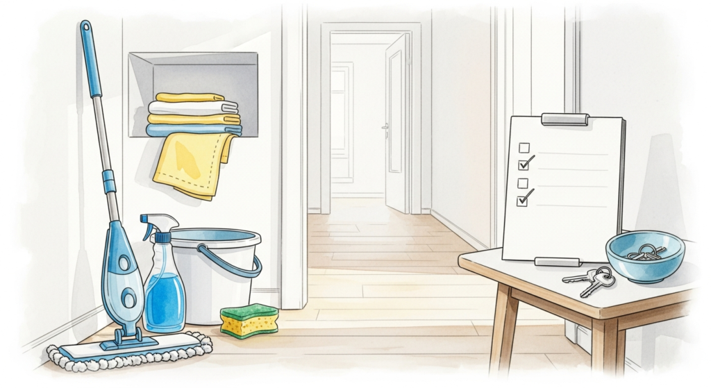 Akvarellillustration av blank checklista, nyckel och städredskap i hall
