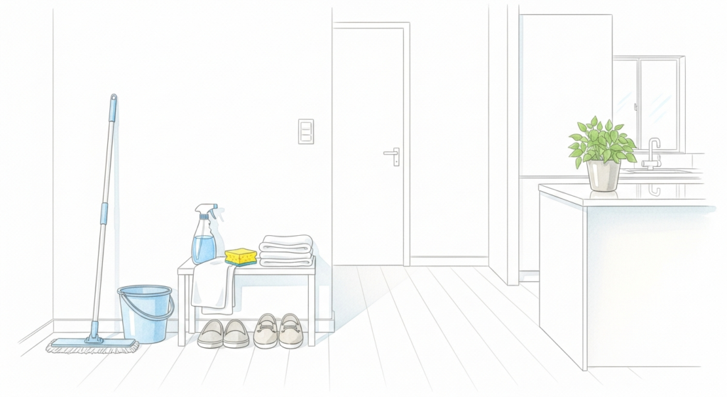 Akvarellillustration av hall med städredskap inför första hemstädningen