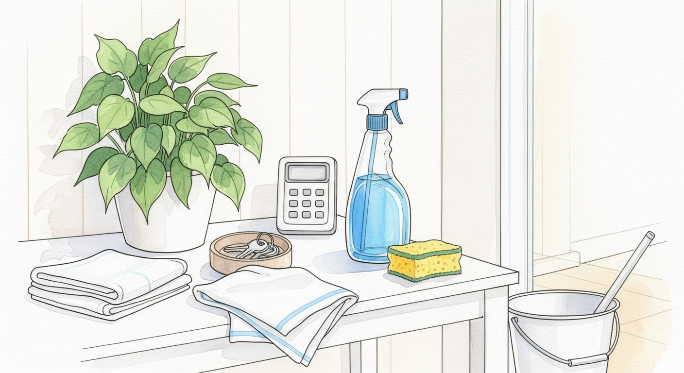 Akvarellillustration av nyckelskål, larmpanel utan text och städredskap i hall