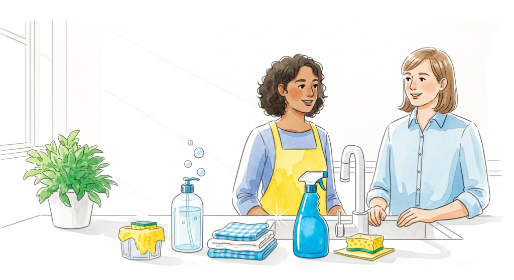 Akvarellillustration av internationellt hushåll och städservice i ett ljust kök