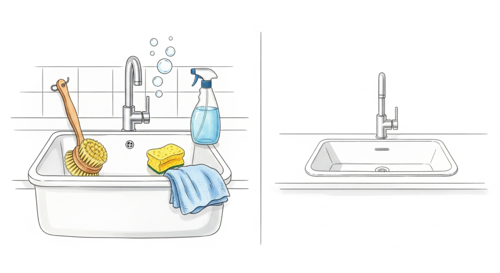 Akvarellillustration av kök och badrum med extra noggrann städning