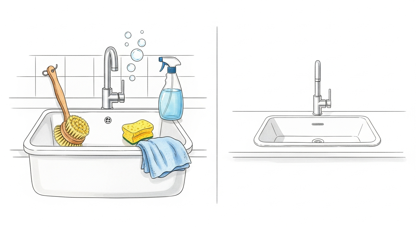 Akvarellillustration av kök och badrum med extra noggrann städning