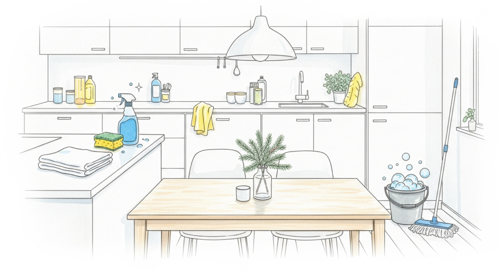 Akvarellillustration av ljust kök med diskreta vinterdetaljer och städredskap