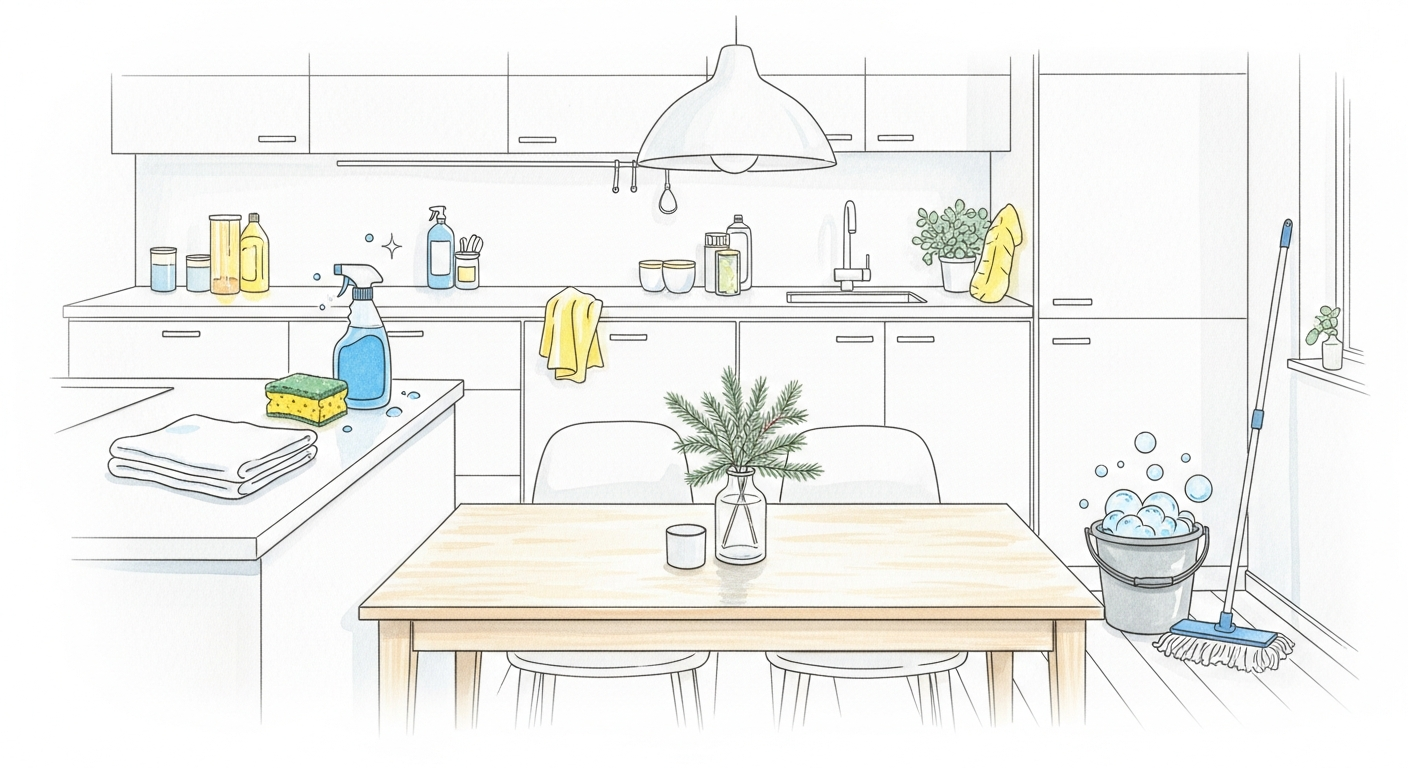 Akvarellillustration av ljust kök med diskreta vinterdetaljer och städredskap