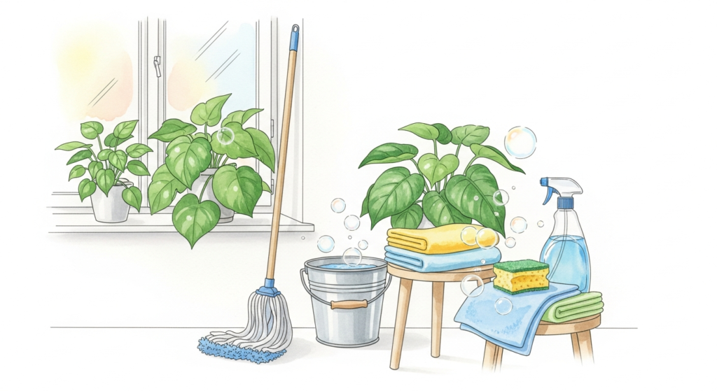 Akvarellillustration av vårigt ljust vardagsrum med städredskap och gröna växter
