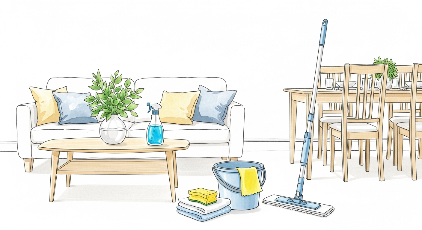 Akvarellillustration av vardagsrum och matplats med städredskap inför gäster