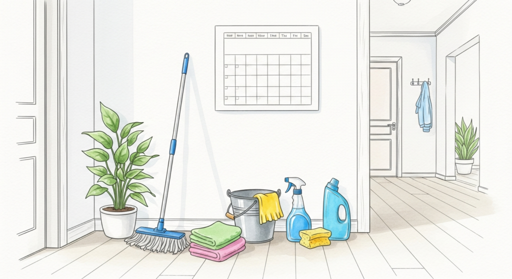Akvarellillustration av kalender utan text, mopp och städredskap i ett ljust hem