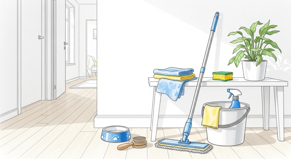 Akvarellillustration av hall med matskål, pälsborste och städredskap