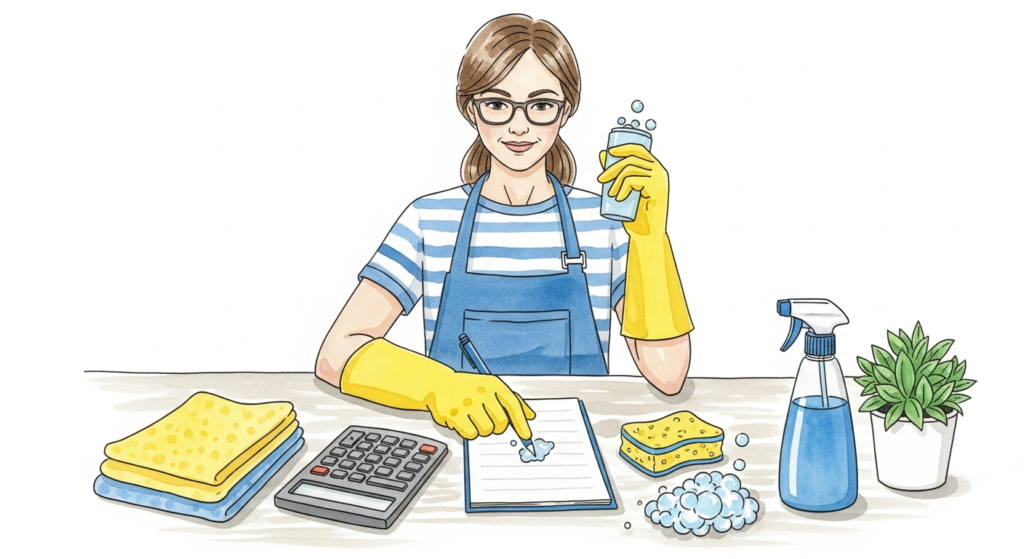 Akvarellillustration av köksbord med kalkylator, städduk och städredskap