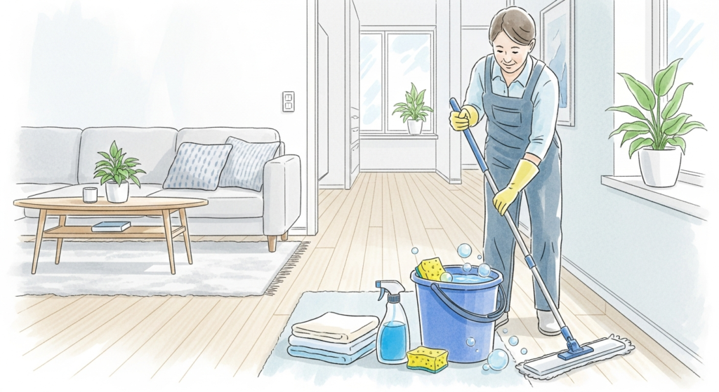 Akvarellillustration av vuxen städare som moppar ett ljust vardagsrum
