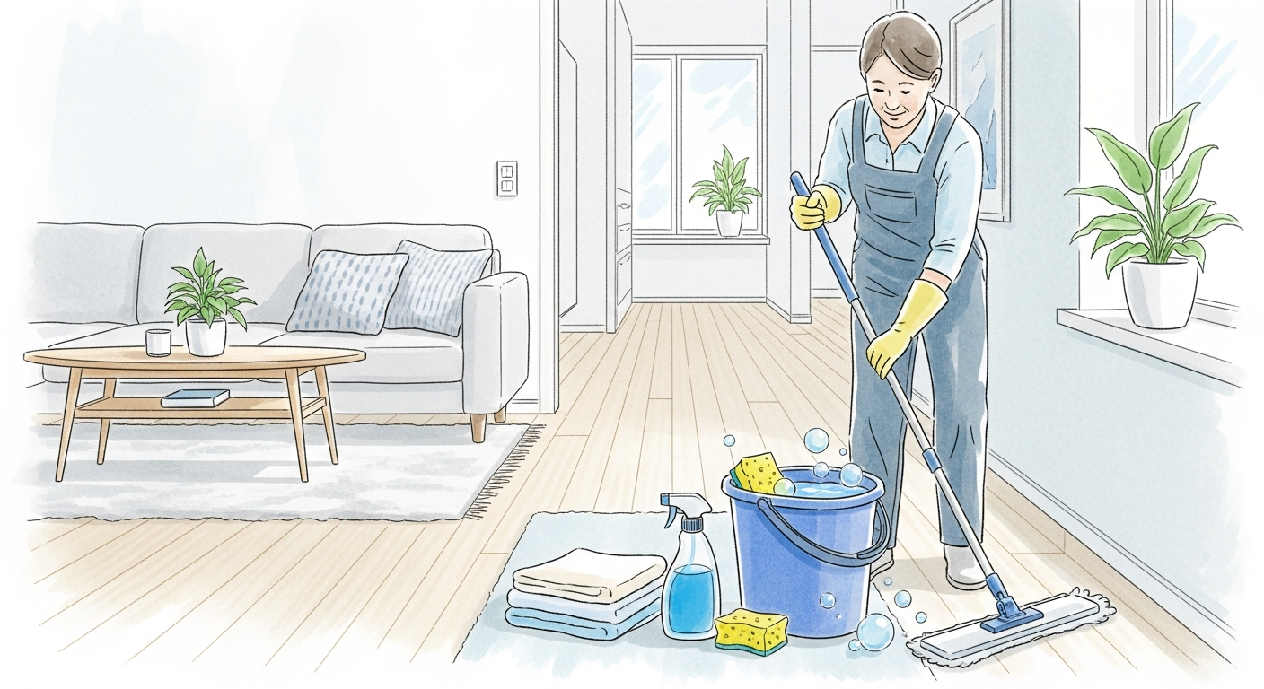 Akvarellillustration av vuxen städare som moppar ett ljust vardagsrum
