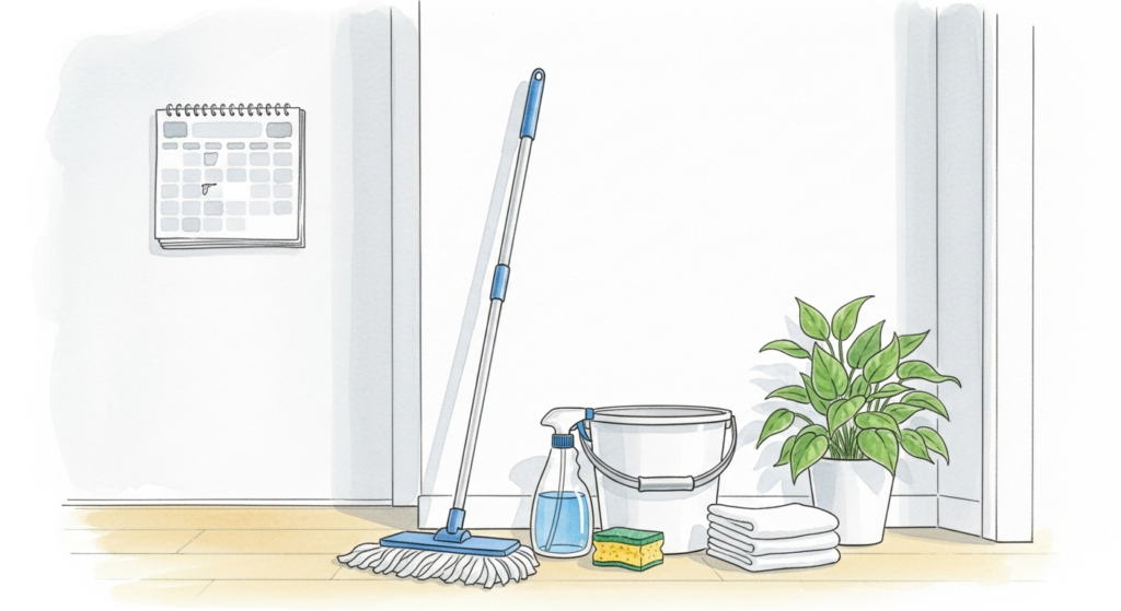 Akvarellillustration av en ljus hall med kalender, mopp och städredskap