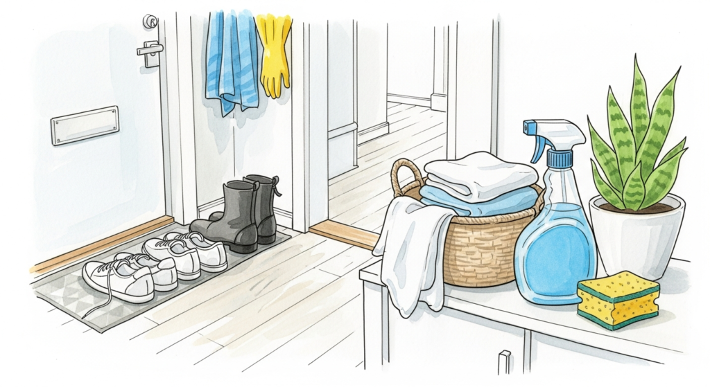 Akvarellillustration av ordnad hall med undanplockade saker och städredskap