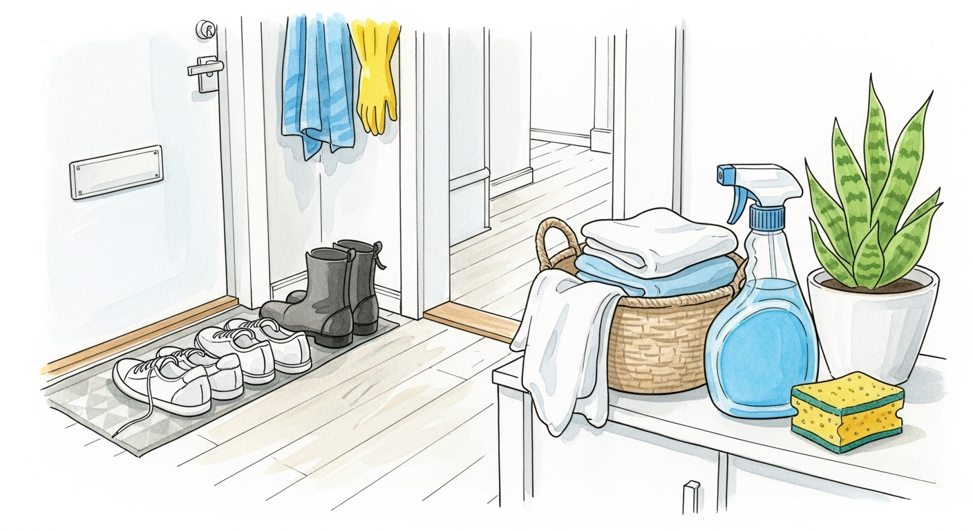 Akvarellillustration av ordnad hall med undanplockade saker och städredskap