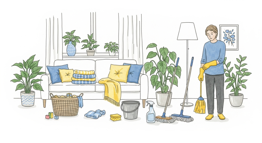 Akvarellillustration av vardagsrum med leksakskorg och städredskap