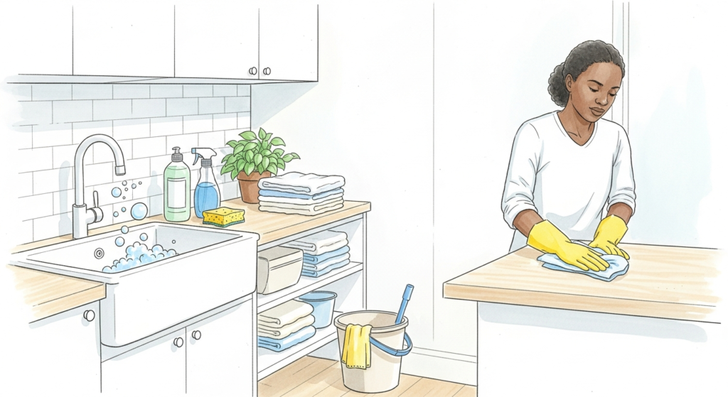 Akvarellillustration av noggrann köksstädning med svamp, hink och växter