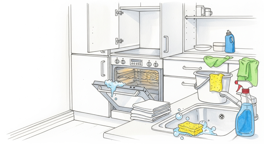 Akvarellillustration av lägenhetskök med ugn, skåp och städredskap