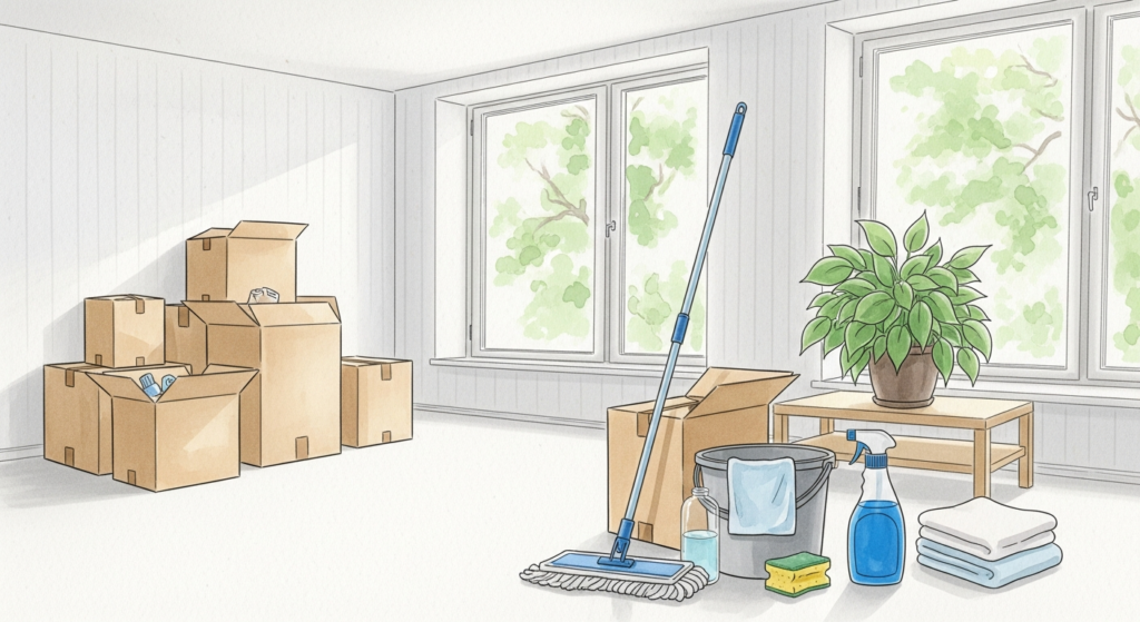 Akvarellillustration av större tom bostad med flyttlådor och städredskap