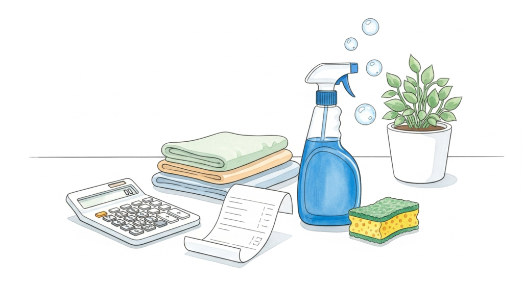 Akvarellillustration av kvitto, kalkylator och städredskap på ett köksbord