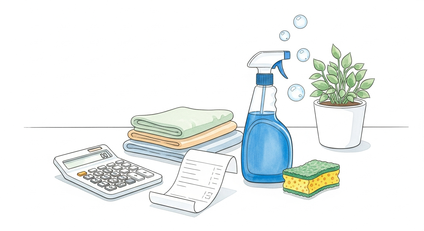 Akvarellillustration av kvitto, kalkylator och städredskap på ett köksbord