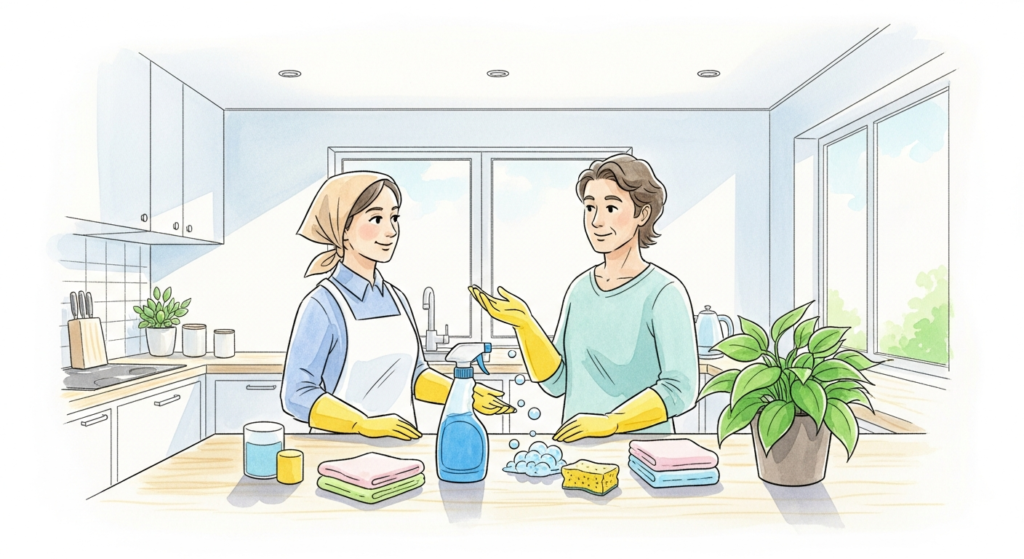 Akvarellillustration av internationellt hushåll och städservice i ett ljust kök