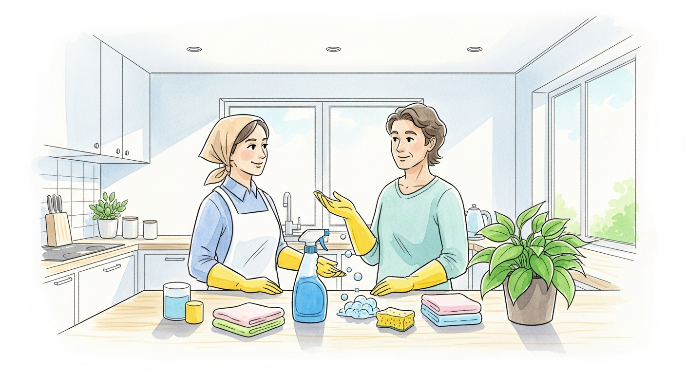 Akvarellillustration av internationellt hushåll och städservice i ett ljust kök